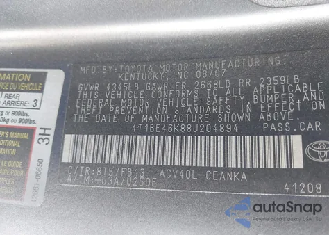 2008 Toyota Camry z USA, uszkodzony, nr VIN 4T1BE46K88U204894